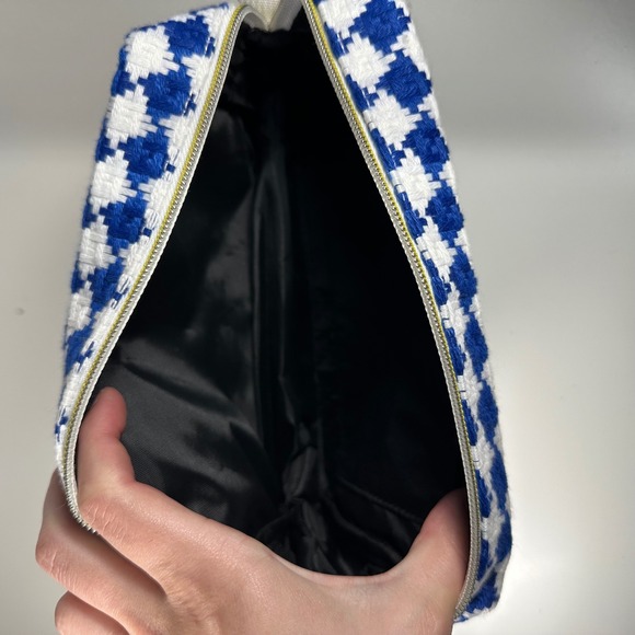 Blue Houndstooth Tweed Crossbody Bag Gold Hardware Clutch Purse - Picture 4 of 4